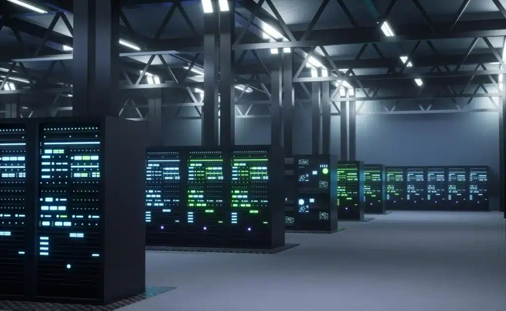 Imagem de um moderno data center em funcionamento, evidenciando a importância da manutenção de servidores.